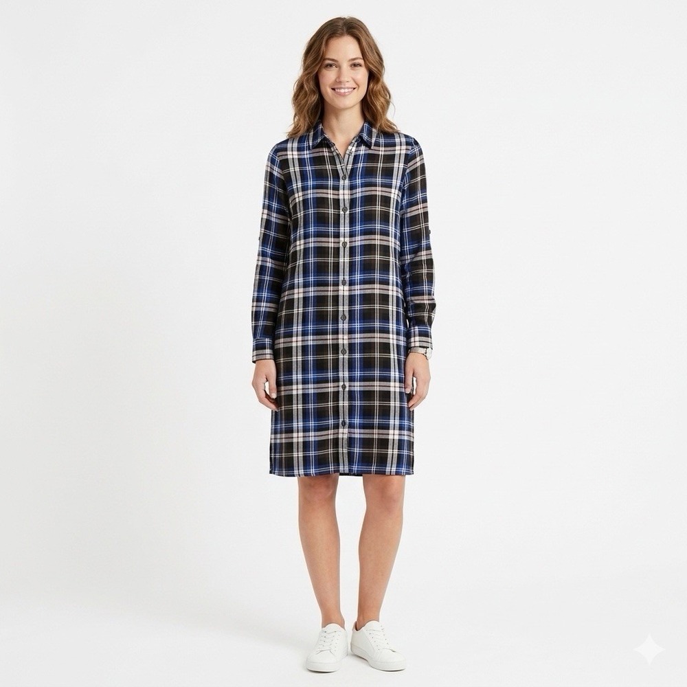 Karen Kane Shirt Dress Size XL Blue Black Plaid Long Tab Sleeve Collared Rayon